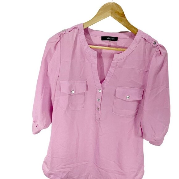 41hawthorn Womens Blouse Pink 3/4 Sleeve Roll Tab Notch Neck Pockets Buttons M - Picture 3 of 5